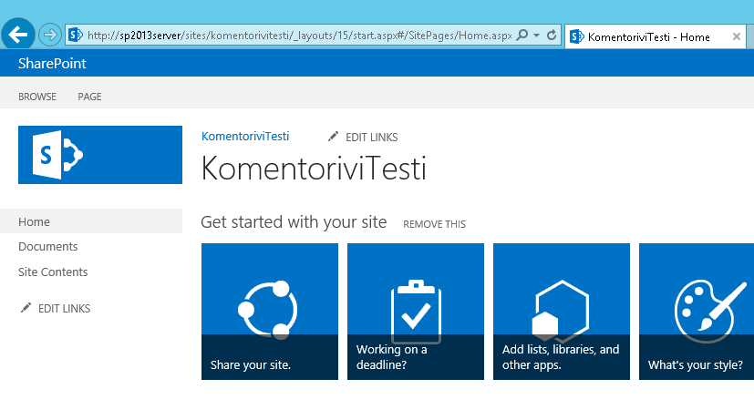 27 Kuva 13. Komentorivillä luotu SharePoint-sivu. Luotuja sivustoja voidaan tietysti myös poistaa SharePoint-palvelimelta, ja sivustojen poistaminen komentorivillä tapahtuu komennolla Remove-SPSite.