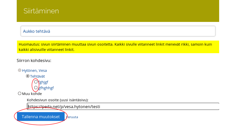 Klikkaa halutun sivun valintaympyrää ja paina