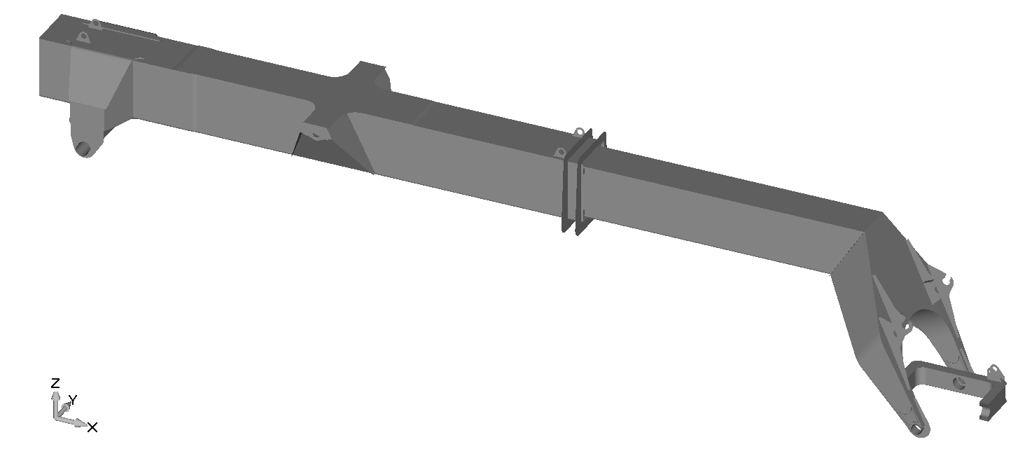 28 5.4 Puomirakenteen geometria Puomien väsymiskestävyyden vertailua varten suuremman kokoluokan puomirakenteen 3D geometria tuotiin neutraaliformaatissa FEMAP -ohjelmistoon keskipintamallin luontia