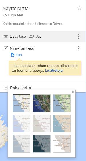 KML-tiedoston tuonti Google Mapsiin -Luodaan Google mapsissa oma kartta toiminnolla kartta -Valitaan haluttu pohjakartanmuoto, yleensä satelliittikartta - Lisää taso toiminnossa tuodaan