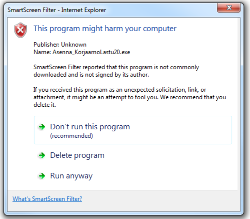 5(33) Jos selain varoittaa että ohjelma voi olla haitallinen klikkaa Toimenpiteet