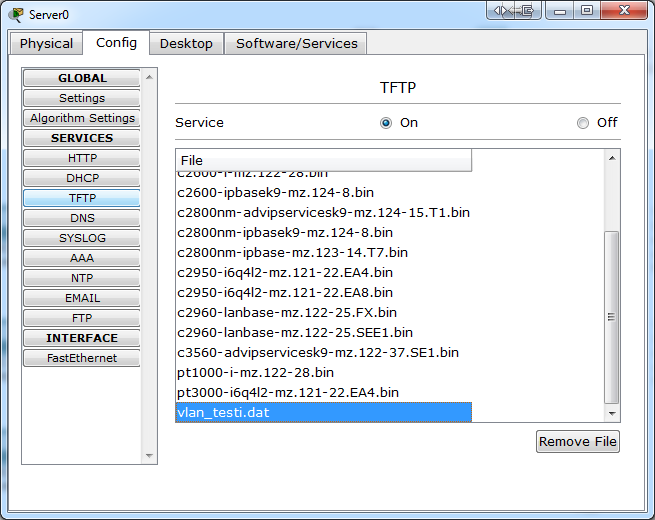 34 KUVIO 15. Palvelimen tiedostot Tämän jälkeen kokeile kopioida tiedosto takaisin kytkimelle. Se tapahtuu seuraavanlaisesti: S1#copy tftp: flash: Address or name of remote host []? 172.17.50.