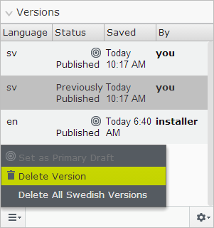 86 Toimittajan käsikirja EPiServer 7.5 CMS Version poistaminen Jos haluat poistaa sisällön tietyn version, jota et halua säilyttää, valitse sen kohdalla pikavalikosta Poista versio. Vahvista poisto.