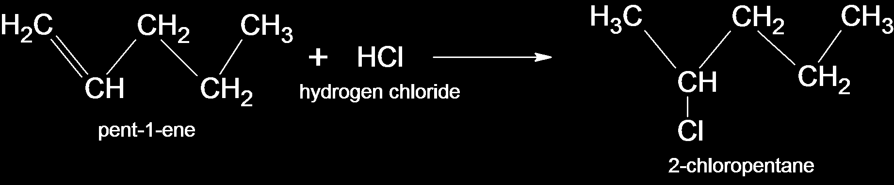 c) tolueeni + typpihappo: Kun reaktio toistetaan kolme kertaa. d) 3-klooripentaani + : e) 1,3-butadieeni + : f) 1-penteeni + vetykloridi: 5.