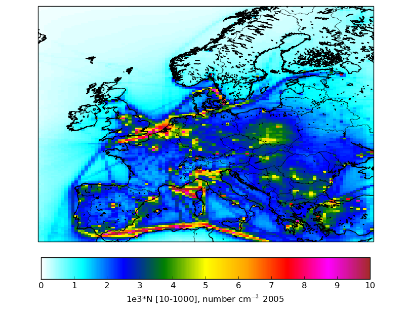 Predicted annual average particle number concentrations in Europe for 2005. The modelled particulate matter size range is from 10 to 1000 nm.