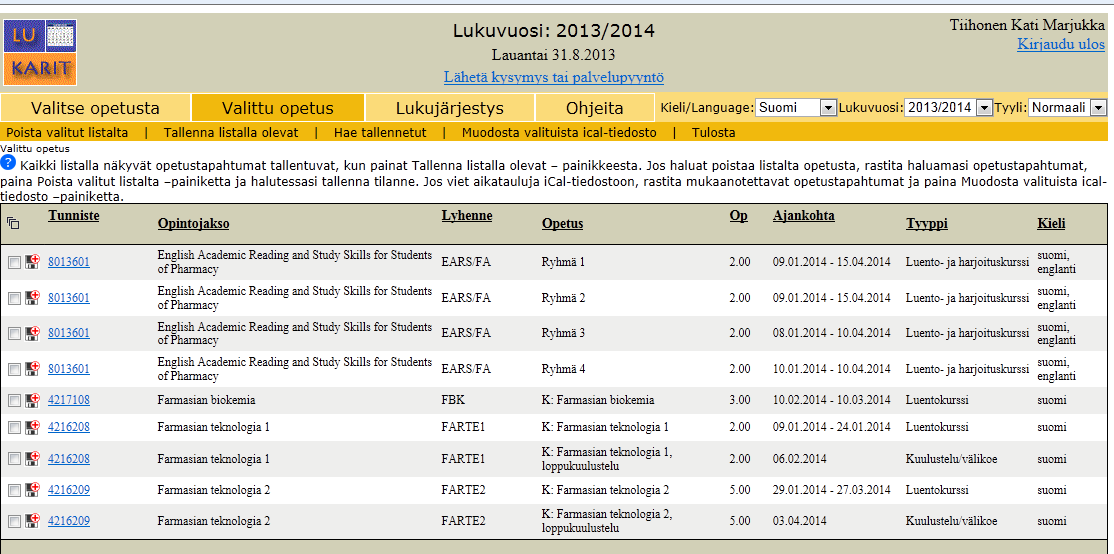 Valitun opetuksen muokkaus, tallennus ja poisto WebOodi ja