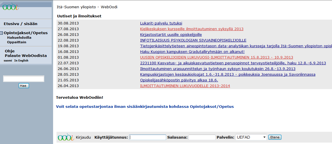 WebOodin etusivu: - WebOodi löytyy esim.