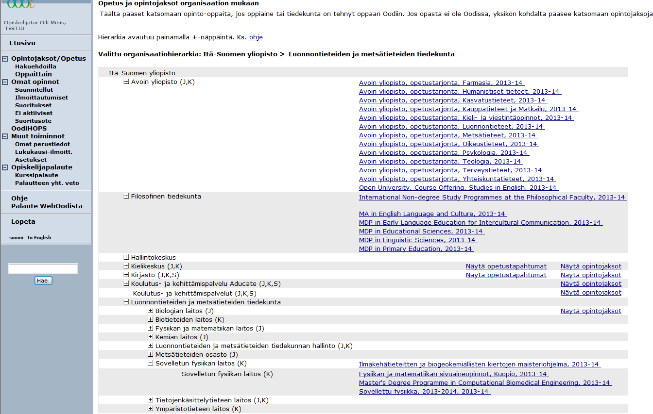 Opetuksen haku opinto-oppaittain, oppaan valinta WebOodi ja