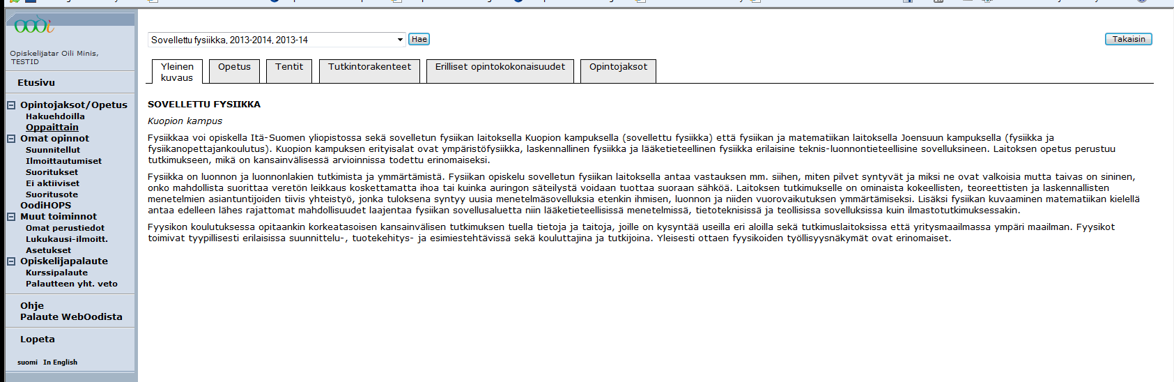 Opetuksen haku opinto-oppaittain, oppaan tiedot WebOodi ja