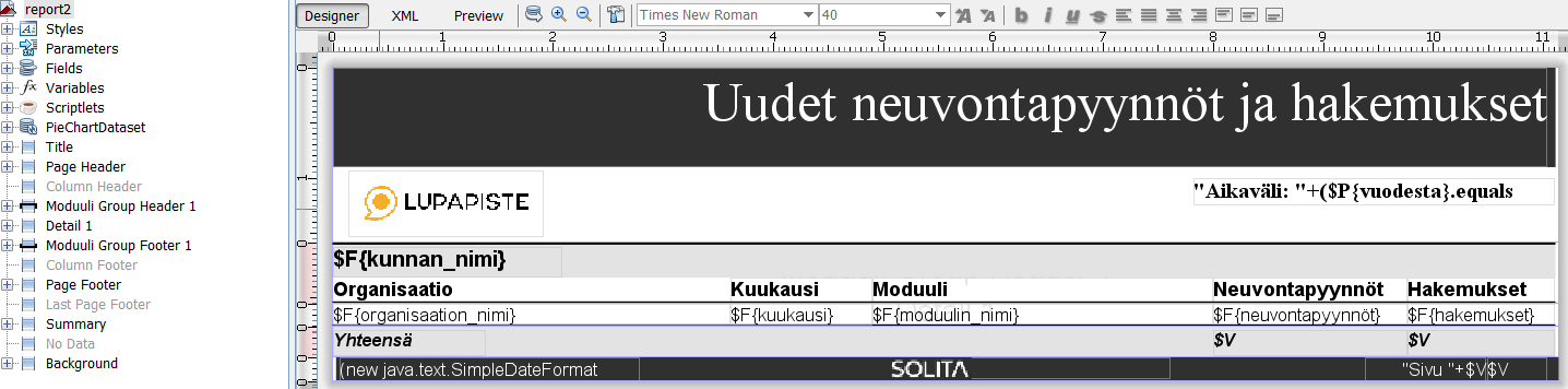 41 Kuvio 20. Uudet neuvontapyynnöt ja hakemukset -raportin rakenne. Uudet neuvontapyynnöt ja hakemukset -raportti käyttää julkaisufakta f_pub_application taulua.