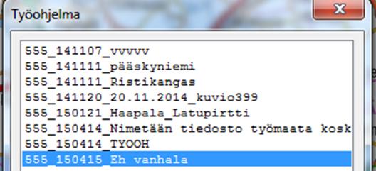 Kuva 2. Työohjelma valikko: näkymä kaikista lähetetyistä työohjeista. Työmaalle ajo Laadittua työohjelmaa voidaan käyttää hyväksi työkohteen hakemisessa seuraavalla tavalla.