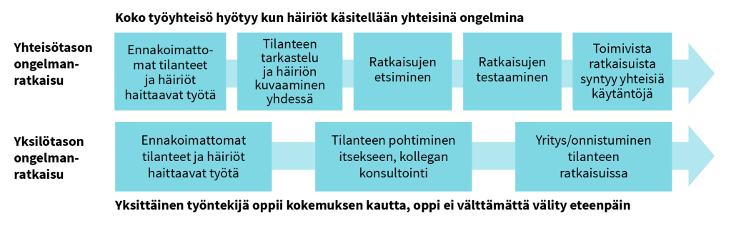 Kuva 3. Yhteisötason ja yksilötason ongelmanratkaisu. 13.2 Työpajat Hankkeessa järjestettiin yhteensä neljä työpajaa, joista kolme marraskuussa 2015 ja yksi huhtikuussa 2016.