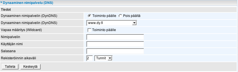 Dynaaminen nimipalvelu (DNS) Toiminnossa määritellään modeemin julkinen IP osoite näkyväksi ja toimivaksi, vaikka se olisikin vaihtuva. Yleensä operaattorit antavat IP osoitteen vain tietyksi aikaa.