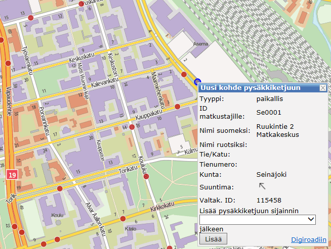 Ohje 5 (14) Näytä pysäkit kartalla-ikkuna aktivoituu, kun kartalla zoomataan tarpeeksi lähelle.