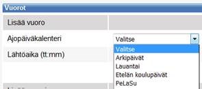 Ohje 9 (14) 2.3 Reitin vuorot, aikataulu ja ajopäiväkalenteri 2.3.1 Vuoron lisääminen reitille Reitille on mahdollista lisätä vuoroja joko lisäämällä yksi vuoro kerrallaan, tai generoimalla automaattisesti useampia tasavälein lähteviä vuoroja.