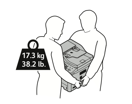 Kunnossapito 4. Nosta ja kanna tulostinta kuvan mukaisesti. Pakkaa tulostin ja sen lisälaitteet käyttämällä alkuperäisiä pakkauksia ja pakkausmateriaalia tai Xerox-uudelleenpakkauspakettia.