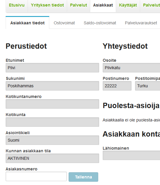 Täytä yritystä koskevat tiedot Yrityksen tiedot -välilehdellä: Yrityksen tiedot Perustiedot välilehden alle tulevat 1. yrityksen perustiedot, yhteystiedot ja yhteyshenkilö.