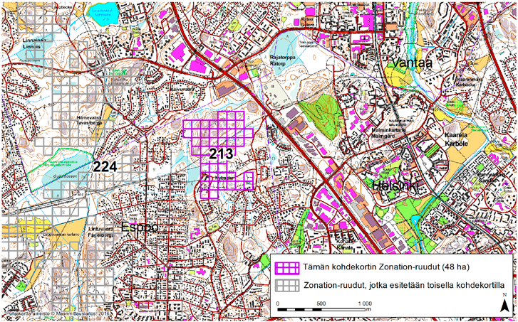 Espoo, Zonation-aluetunnus 213 ESPOO (213) Alue sijaitsee Itä-Espoossa Uusmäen asuinalueella lähellä Helsingin ja Vantaan rajoja.