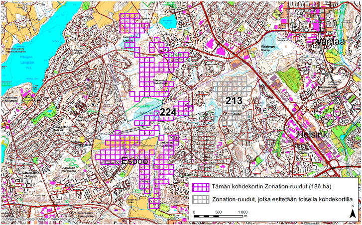 Espoo Vantaa, Zonation-aluetunnus 224 ESPOO VANTAA (224) Alueen eteläosat sijaitsevat Espoossa Lintuvaaran kaupunginosassa ja pohjoisosat Vantaalla Hämevaaran ja Linnaisten kaupunginosissa.