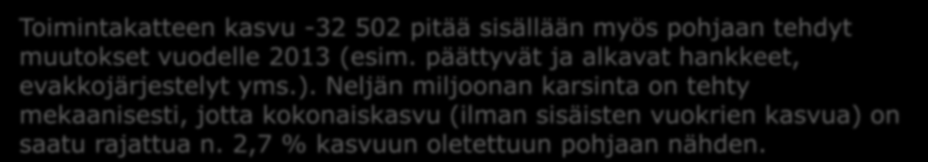 TA2013 esitykset ja karsintatarve 1 000 Esitys TA2013 uusi Oulu Toiminnanmuutoses itykset: muutos + pohjaan liittyvät korjaukset Raami 2013 Toiminta-tulot 28 480 2 922 27 946 Toiminta-menot 400 645