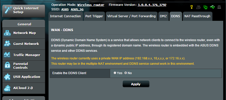 4.3.5 DDNS DDNS:n (Dynamic DNS) asettaminen mahdollistaa reitittimen käytön verkkosi ulkopuolelta toimitukseen kuuluvalla ASUS DDNS -palvelulla tai muulla DDNS-palvelulla. DDNS:n asettaminen: 1.