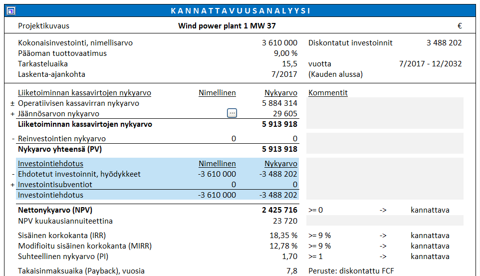 Tämän jälkeen tietoa käytetyistä muuttujista: Keskellä ruutua olevan kaavion yläpuolella näet NPV:n variaatiot: Kuten näkyy, matalin löydetty NPV on -606 767 ja korkein 5 418 904.