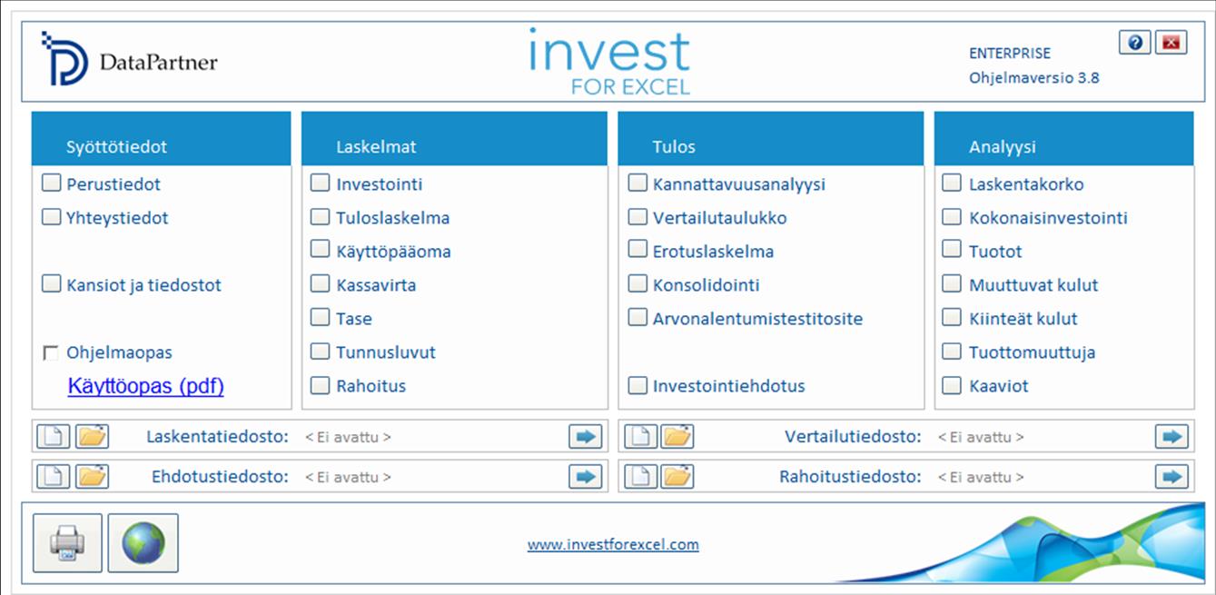 Versio 3.8 Invest for Excel versio 3.8 (julkaisu 3.8.001) tuo käyttäjälle uusia ominaisuuksia, sisältäen myös version 3.7 