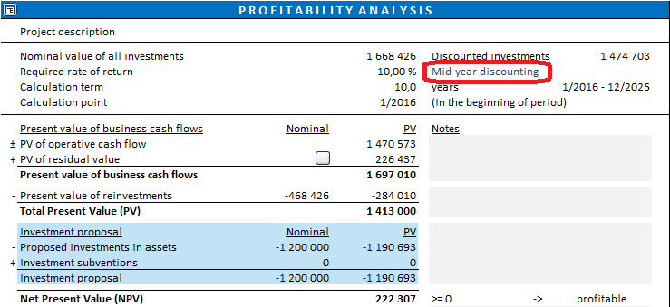 Esimerkki siitä, miten diskonttaustavan valinta vaikuttaa kassavirtaan (laskentakorko 10 %): Kesken vuoden diskonttaus: CASH FLOW STATEMENT 1/2016 12/2016 12/2017 12/2018 12/2019 12/2020 Residual