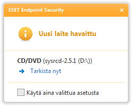 4.1.2 Siirrettävä tietoväline ESET Endpoint Security mahdollistaa myös automaattisen siirrettävien tietovälineiden (CD/DVD/USB/...) tarkistamisen.