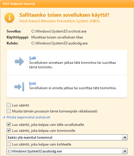 Valintaikkuna näytetään aina, kun oletustoimintana on Kysy. Valintaikkunasta käyttäjä voi joko estää tai sallia toiminnon.