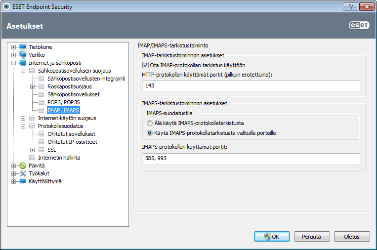 4.3.2.2 IMAP- ja IMAPS-protokollan hallinta IMAP (Internet Message Access Protocol) -protokolla on toinen sähköpostien noutoon käytetty protokolla. IMAPprotokollalla on joitain etuja POP3:een nähden.