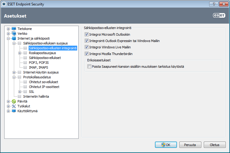 Vaikka integrointi ei ole käytössä, sähköpostisovelluksen suojausmoduuli (POP3,