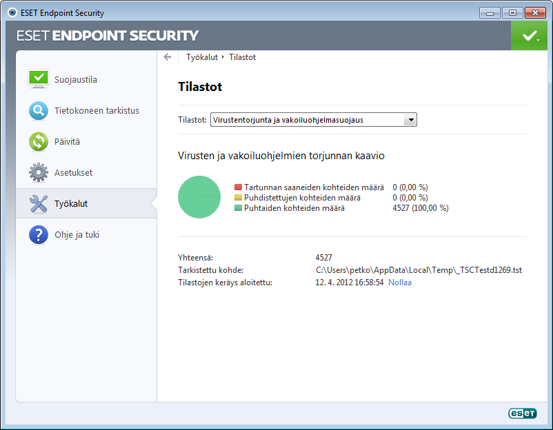 4.6.3 Suojauksen tilastotiedot Voit tarkastella ESET Endpoint Securityn suojausmoduuleihin liittyviä tilastotietoja valitsemalla Työkalut > Suojauksen tilastotiedot.