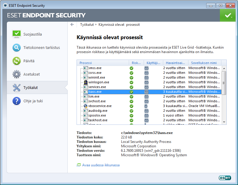 4.6.7 Käynnissä olevat prosessit Käynnissä olevien prosessien kohdassa näkyvät ohjelmat ja prosessit, jotka ovat käytössä tietokoneessa. ESET saa heti ja jatkuvasti tietoja uusista tunkeutumisista.