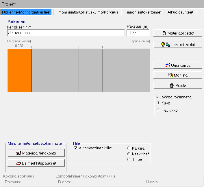 Materiaalitietojen hakemisen jälkeen kerroksen nimeä ja paksuutta pystyi vielä muokkaamaan.