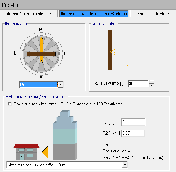teen osalta pitäydyttiin oletusasetuksissa. Kyseessä on matala rakennus, ja R1 ja R2 arvoina käytettiin ohjelman antamia oletuksia. Sadekuorman laskentaa ei suoritettu ASHRAE-standardin 160 P mukaan.