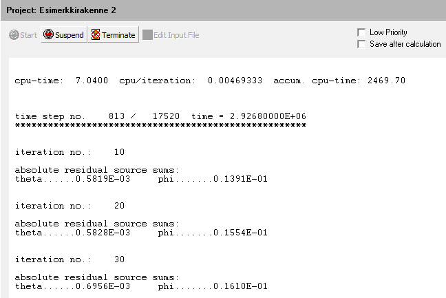 5.2.8 Simulointi Mallin simulointi suoritettiin "Processing"-välilehdeltä. Ennen simuloinnin aloittamista poistettiin valinta kohdasta "Low priority" ja valittiin kohta "Save after calculation".