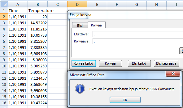 Tiedot tallennettiin tekstitiedostoon valitsemalla haluttu kuvaaja ja klikkaamalla "Export->as File". Lämpötilan ja kosteuden tiedot jouduttiin tallentamaan erikseen.