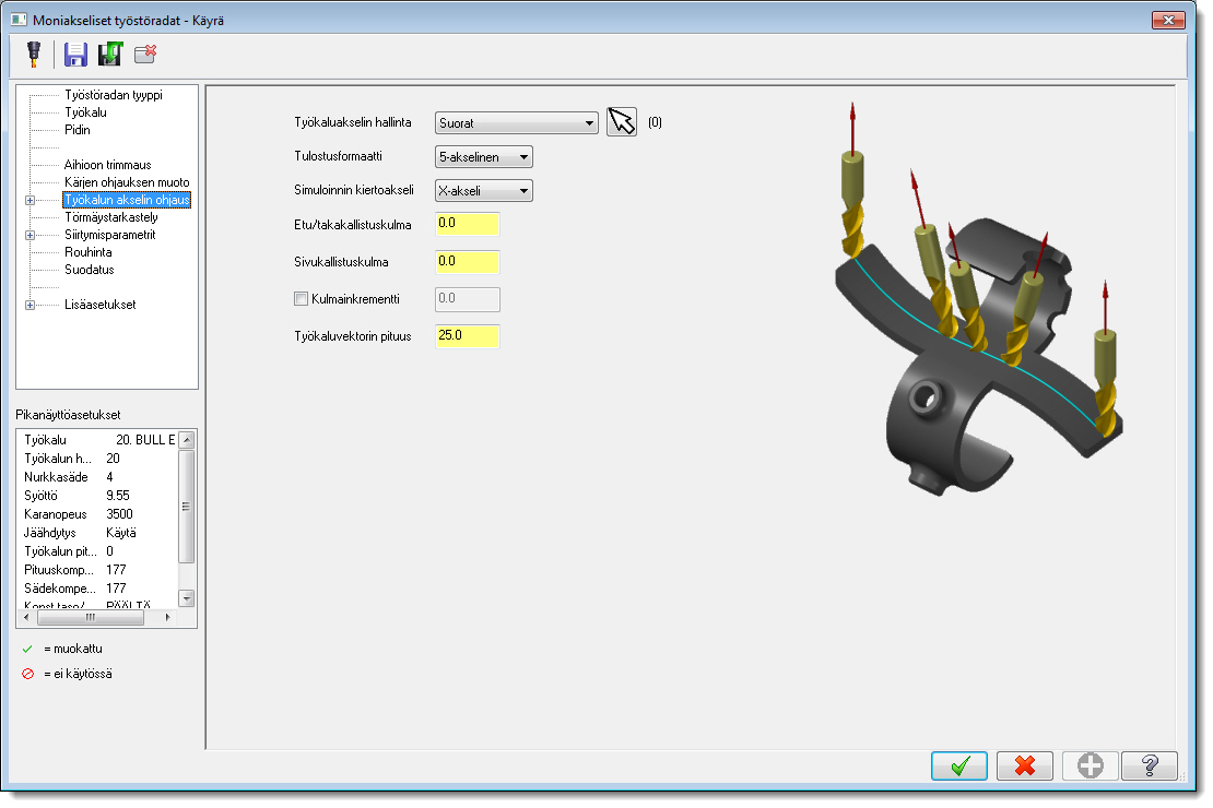 16 MASTERCAM X8/ Mastercamin käyttöliittymä ja työnkulku akselin manipulointi luo mahdollisuuksia monitahoisiin ratkaisuihin. Alla on kuva Käyrä-työstöradan Työkalun akselin ohjaus -sivusta.