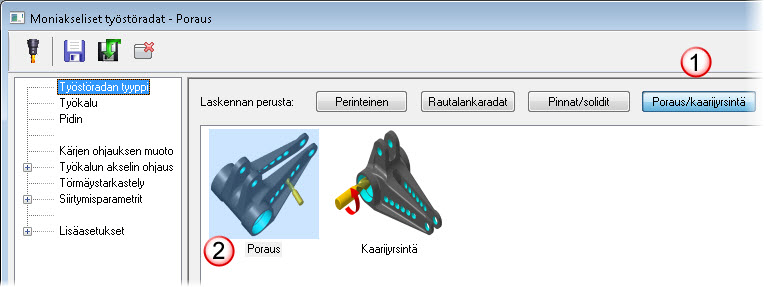 LUO MONIAKSELINEN PORAUSRATA 41 Harjoitus 2: Luo moniakselinen porausrata 1 Valitse Työstöradat, Moniakselinen. 2 Klikkaa OK, jos NC-tiedostolle kehotetaan antamaan uusi nimi.