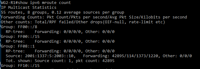 35 Kuvio 27: WG2-R1 IPv6 Multicast reittitaulu. Kuvio 28: WG2-R1 IPv6 Multicast välitysmäärät.
