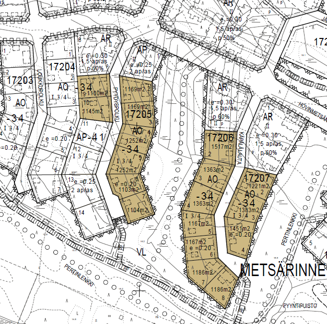 Kaavamerkinnät ja määräykset, Pyydyspolku, Käpälälauta Rakentamistapaohjeet - AO, erillispientalojen korttelialue - AP, asuinpientalojen korttelialue - AR, rivitalojen korttelialue - 34, indeksi