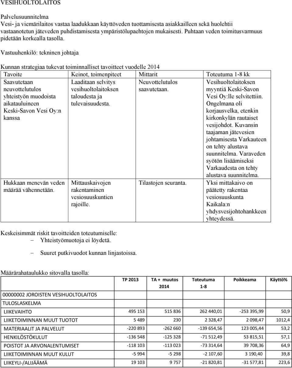 Vastuuhenkilö: tekninen johtaja Kunnan strategiaa tukevat toiminnalliset tavoitteet vuodelle Tavoite Keinot, toimenpiteet Mittarit kk Saavutetaan neuvottelutulos yhteistyön muodoista aikatauluineen