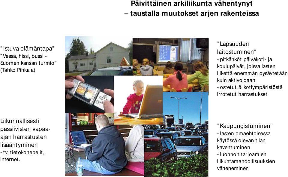 - ostetut & kotiympäristöstä irrotetut harrastukset Liikunnallisesti passiivisten vapaaajan harrastusten lisääntyminen - tv,