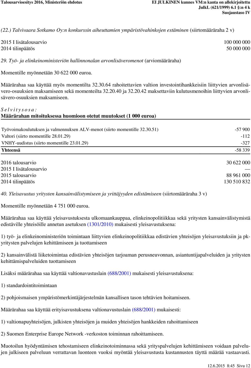 622 000 euroa. Määrärahaa saa käyttää myös momentilta 32.30.64 rahoitettavien valtion investointihankkeisiin liittyvien arvonlisävero-osuuksien maksamiseen sekä momenteilta 32.20.