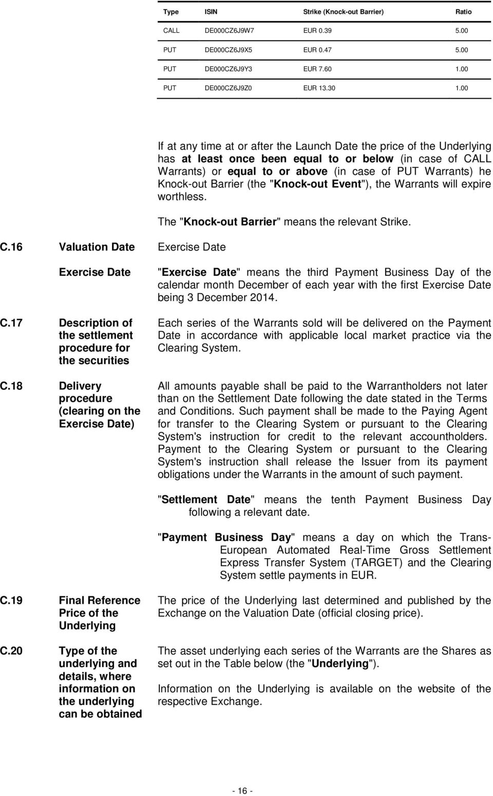 Knock-out Barrier (the "Knock-out Event"), the Warrants will expire worthless. The "Knock-out Barrier" means the relevant Strike. C.16 Valuation Date Exercise Date C.