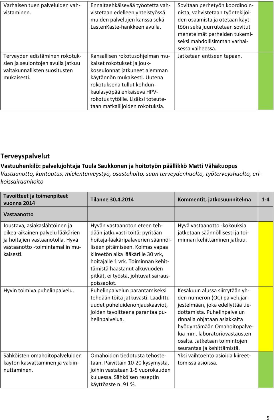 Kansallisen rokotusohjelman mukaiset rokotukset ja joukkoseulonnat jatkuneet aiemman käytännön mukaisesti. Uutena rokotuksena tullut kohdunkaulasyöpää ehkäisevä HPVrokotus tytöille.