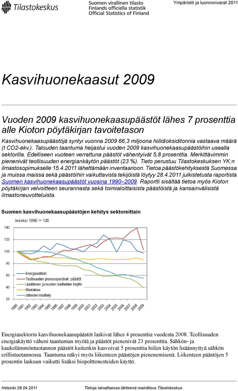 Edelliseen vuoteen verrattuna päästöt vähentyivät 5,8 prosenttia. Merkittävimmin pienenivät teollisuuden energiankäytön päästöt (23 %). Tieto perustuu Tilastokeskuksen YK:n ilmastosopimukselle 15.4.