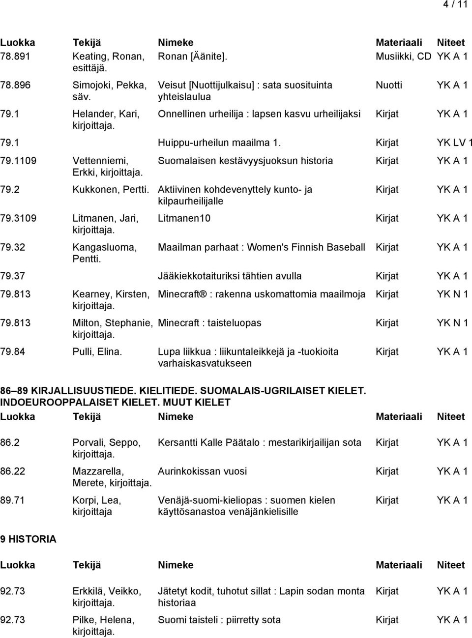 1109 Vettenniemi, Erkki, 79.2 Kukkonen, Pertti. Aktiivinen kohdevenyttely kunto- ja kilpaurheilijalle 79.3109 Litmanen, Jari, 79.32 Kangasluoma, Pentti.