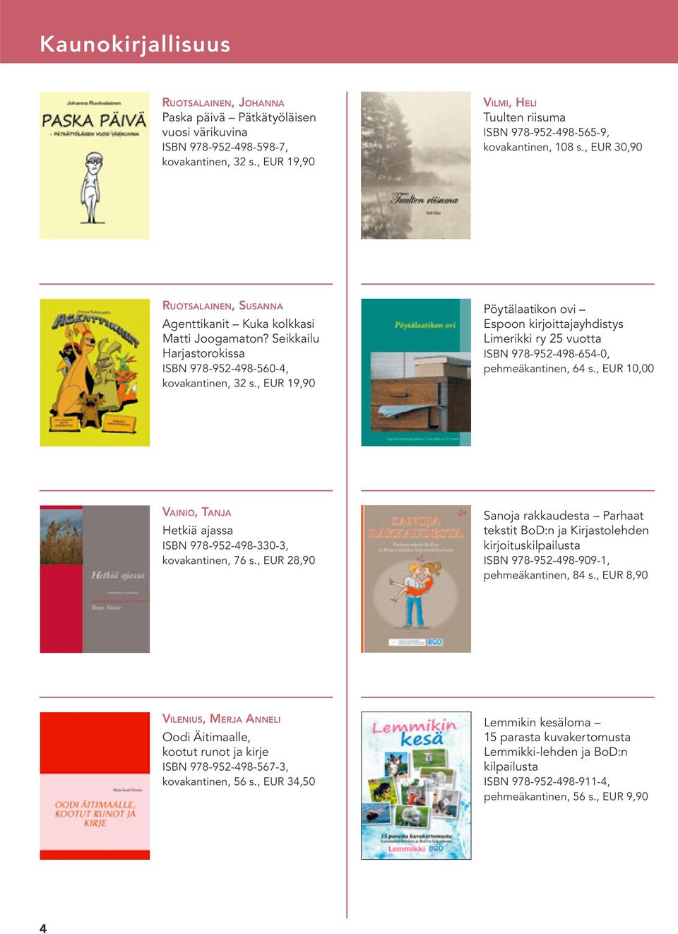 Seikkailu Harjastorokissa ISBN 978-952-498-560-4, kovakantinen, 32 s., EUR 19,90 Pöytälaatikon ovi Espoon kirjoittajayhdistys Limerikki ry 25 vuotta ISBN 978-952-498-654-0, pehmeäkantinen, 64 s.